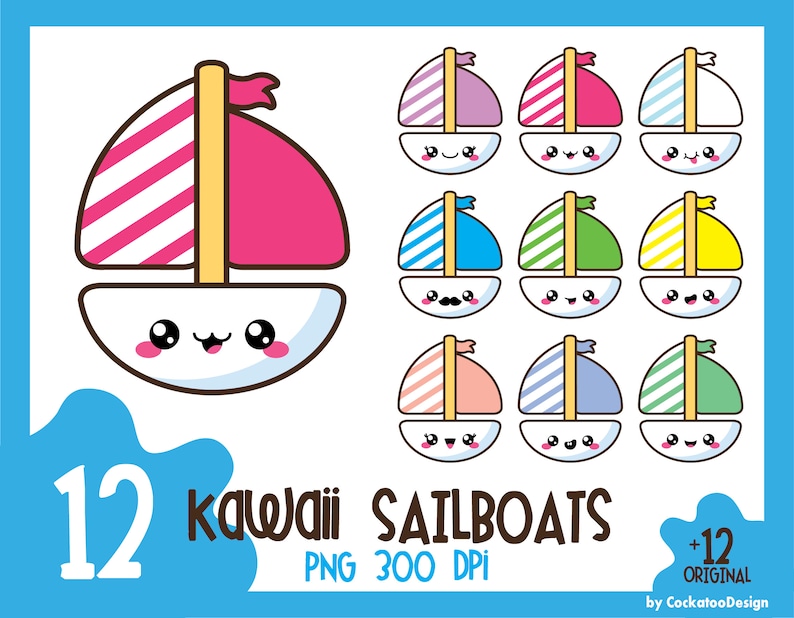Puede incluir: Conjunto de 12 ilustraciones de veleros kawaii en varios colores con velas a rayas. Cada velero tiene una cara de dibujos animados linda. Las ilustraciones son de 300 DPI y son perfectas para proyectos digitales.