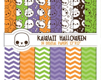 Halloween digital papers, kawaii halloween digital papers, halloween pumpkin digital papers, skeleton digital papers, cute halloween