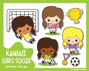 Soccer clip art, football clipart, kawaii soccer clipart, kids football clipart, sport clipart, girls sport clipart, Commercial Use