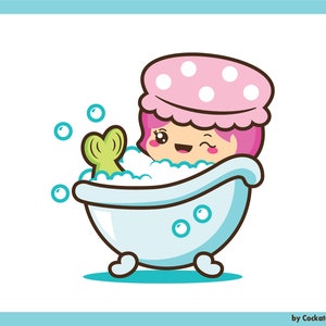 Puede incluir: Una ilustraci&oacute;n de dibujos animados de una sirena de pelo rosa con un gorro de ducha rosa tomando un ba&ntilde;o en una ba&ntilde;era azul con burbujas blancas. La sirena tiene una cola verde y una expresi&oacute;n feliz.