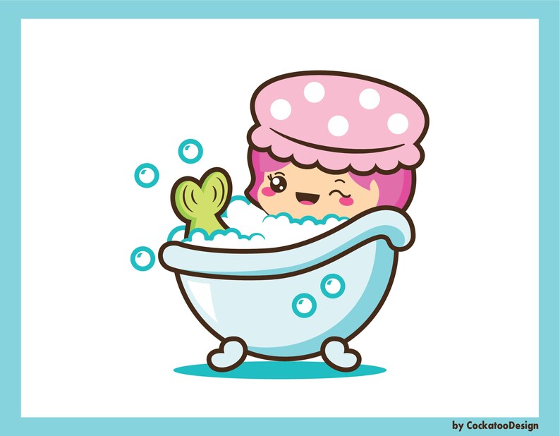 Puede incluir: Una ilustraci&oacute;n de dibujos animados de una sirena de pelo rosa con un gorro de ducha rosa tomando un ba&ntilde;o en una ba&ntilde;era azul con burbujas blancas. La sirena tiene una cola verde y una expresi&oacute;n feliz.