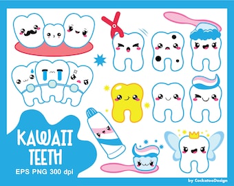 Kawaii clipart, kawaii tooth clipart, kawaii dentist clipart, tooth fairy clipart, braces clipart, cavity, commercial use
