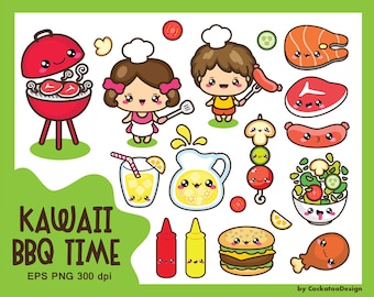 Kawaii clip art, BBQ clipart, labor day clipart, kid clipart, picnic clipart, food clipart, grill party clipart, Commercial use