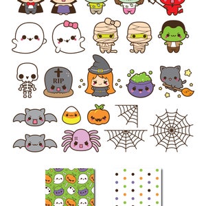 May include: A set of 20 Halloween clip art images featuring cute cartoon characters, objects, and patterns. The characters include a vampire, witch, mummy, ghost, Frankenstein, zombie, spider, bat, and a cat. The objects include a cauldron, a tombstone, a candy corn, a pumpkin, and a spider web. The patterns include a chevron pattern, a polka dot pattern, and a skull pattern.