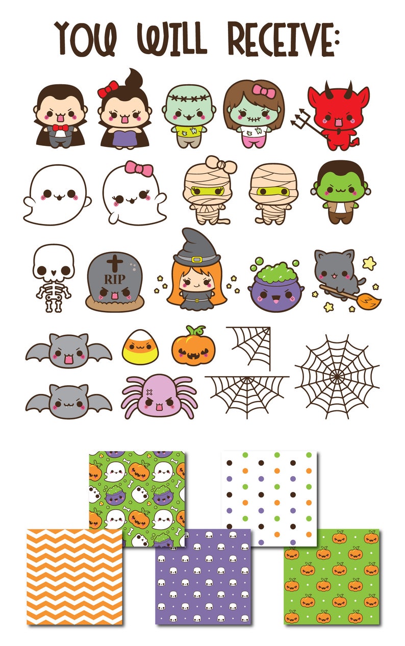 May include: A set of 20 Halloween clip art images featuring cute cartoon characters, objects, and patterns. The characters include a vampire, witch, mummy, ghost, Frankenstein, zombie, spider, bat, and a cat. The objects include a cauldron, a tombstone, a candy corn, a pumpkin, and a spider web. The patterns include a chevron pattern, a polka dot pattern, and a skull pattern.