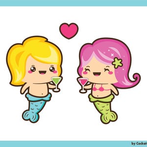 Puede incluir: Una ilustraci&oacute;n de dibujos animados de una pareja de sirenas sosteniendo c&oacute;cteles. La sirena femenina tiene el pelo rosa y una cola verde. El sireno masculino tiene el pelo amarillo y una cola azul. Un coraz&oacute;n rojo flota sobre ellos.