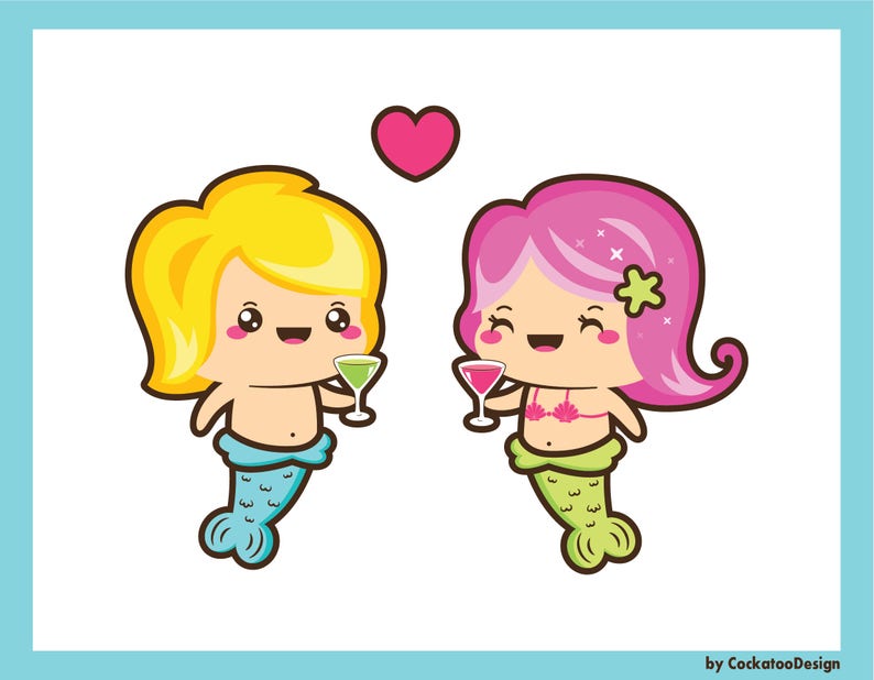 Puede incluir: Una ilustraci&oacute;n de dibujos animados de una pareja de sirenas sosteniendo c&oacute;cteles. La sirena femenina tiene el pelo rosa y una cola verde. El sireno masculino tiene el pelo amarillo y una cola azul. Un coraz&oacute;n rojo flota sobre ellos.