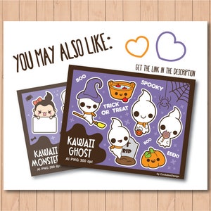 May include: A set of eight digital stickers featuring cute cartoon ghosts in various poses. The stickers are on a purple background with black outlines and include text like "Boo", "Spooky", "Trick or Treat", and "RIP".