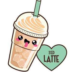 May include: A cartoon illustration of a cup of iced latte with a straw, ice cubes, and whipped cream. The cup has a cute face with big eyes and a tongue sticking out. A green heart with the text "ICED LATTE" is next to the cup.