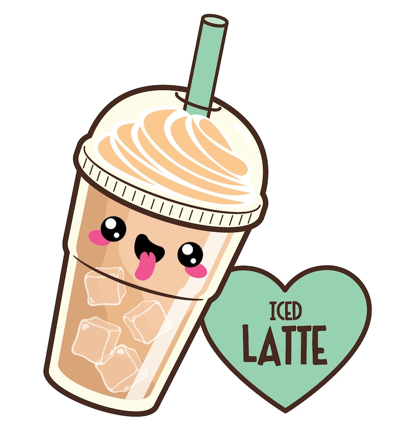 May include: A cartoon illustration of a cup of iced latte with a straw, ice cubes, and whipped cream. The cup has a cute face with big eyes and a tongue sticking out. A green heart with the text "ICED LATTE" is next to the cup.