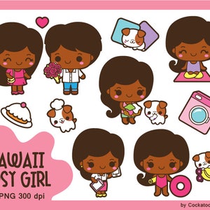 Kawaii girl clip art, cute girl clipart, dark skin girl clipart, chores clipart, kawaii dog clip art, african american, yoga girl clipart