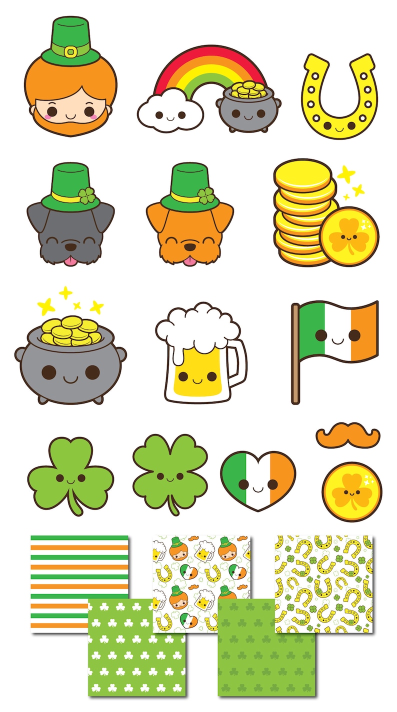 St.Patricks Day clipart, Saint Patricks Day clip art, kawaii leprechaun clipart, St. Patricks Day digital papers, shamrock clip art image 2