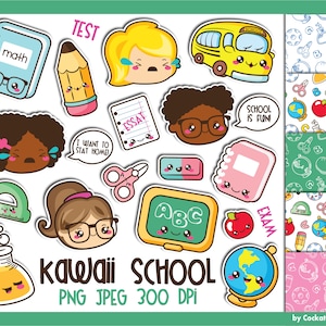 Clipart de material escolar, clipart de crianças em idade escolar, clipart de escola kawaii, clipart de escola, clipart de sala de aula, clipart de material escolar