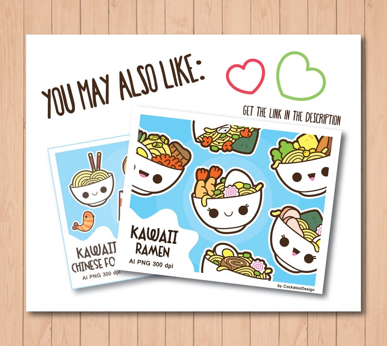May include: Two digital illustrations of kawaii ramen and Chinese food. Both images are on a blue background with white borders. The text "Kawaii Ramen" and "Kawaii Chinese Fo" are on the images. The text "AI PNG 300 dpi" is below each image.