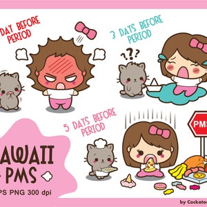 Kawaii girl clipart, PMS clipart, period clipart, cute girl clip art, bad mood clipart, kawaii cat clipart, Commercial Use