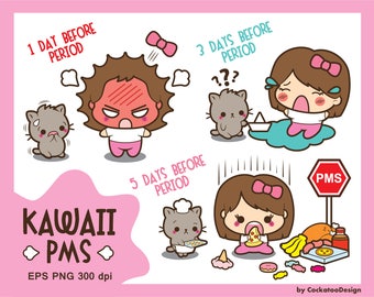 Kawaii girl clipart, PMS clipart, period clipart, cute girl clip art, bad mood clipart, kawaii cat clipart, Commercial Use