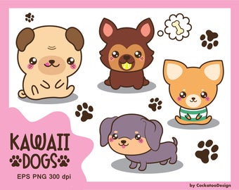 Kawaii dog clipart, cute dog clipart, dog breeds clipart, daschund clipart, pug clipart, chihuahua clipart, puppy, Commercial use