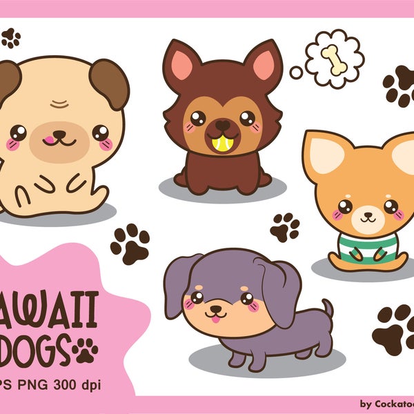 Kawaii dog clipart, cute dog clipart, dog breeds clipart, daschund clipart, pug clipart, chihuahua clipart, puppy, Commercial use