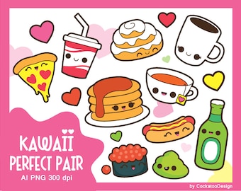 Valentine clipart, kawaii food clipart, kawaii valentines day clipart, kawaii coffee clipart, kawaii cinnamon roll clipart, sushi clipart