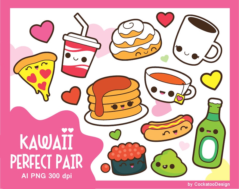 Valentine clipart, kawaii food clipart, kawaii valentines day clipart, kawaii coffee clipart, kawaii cinnamon roll clipart, sushi clipart imagem 1