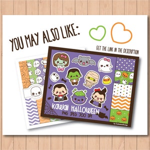 May include: A set of digital clipart featuring cute Halloween characters and patterns. The characters include a vampire, a zombie, a mummy, a ghost, a bat, and a cauldron. The patterns include polka dots, stripes, and a chevron pattern. The clipart is in PNG and JPEG format and is 300 DPI.