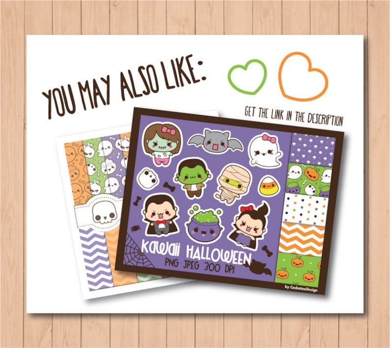 May include: A set of digital clipart featuring cute Halloween characters and patterns. The characters include a vampire, a zombie, a mummy, a ghost, a bat, and a cauldron. The patterns include polka dots, stripes, and a chevron pattern. The clipart is in PNG and JPEG format and is 300 DPI.