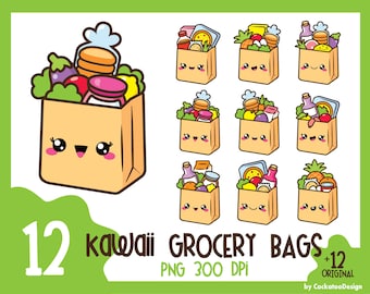 Grocery Bag Clipart, Kawaii Clipart, Groceries Clip Art, Grocery