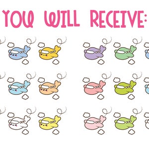 May include: A set of 36 colorful cartoon airplane stickers. Each sticker features a different color airplane with a cute face and a cloud behind it. The stickers are perfect for adding a touch of whimsy to any project.