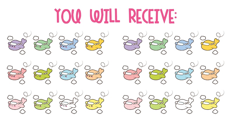 May include: A set of 36 colorful cartoon airplane stickers. Each sticker features a different color airplane with a cute face and a cloud behind it. The stickers are perfect for adding a touch of whimsy to any project.
