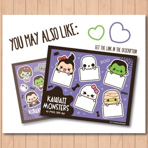 May include: A set of 8 digital clipart images featuring cute kawaii monsters with blank signs. The monsters are dressed as a zombie, vampire, mummy, ghost, skeleton, and Frankenstein. The images are in PNG format and are 300 dpi.