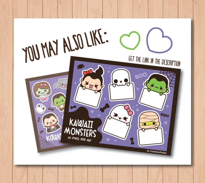 May include: A set of 8 digital clipart images featuring cute kawaii monsters with blank signs. The monsters are dressed as a zombie, vampire, mummy, ghost, skeleton, and Frankenstein. The images are in PNG format and are 300 dpi.