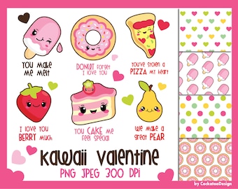 Valentine clipart, kawaii clipart, kawaii valentine clipart, cake clipart, donut clipart, valentine digital paper, Commercial