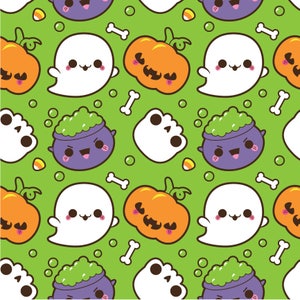 May include: A seamless pattern featuring cute Halloween characters on a green background. The pattern includes ghosts, pumpkins, cauldrons with green goo, and bones.