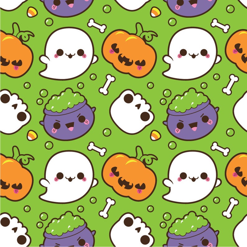 May include: A seamless pattern featuring cute Halloween characters on a green background. The pattern includes ghosts, pumpkins, cauldrons with green goo, and bones.