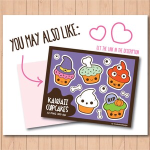 May include: Set of six digital illustrations of kawaii Halloween cupcakes. The cupcakes are decorated with various Halloween themes, including a witch's hat, a ghost, a pumpkin, and a skull and crossbones. The cupcakes are all smiling and have googly eyes. The illustrations are in a cartoon style and are perfect for use in digital projects.