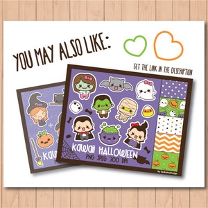 May include: Two framed prints with a Halloween theme. One features a witch, cat, and pumpkin. The other showcases various kawaii Halloween characters like a zombie, vampire, and mummy. Text includes "You May Also Like" and "Kawaii Halloween".