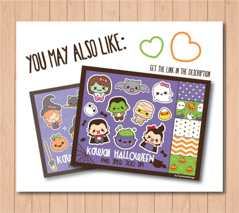May include: Two framed prints with a Halloween theme. One features a witch, cat, and pumpkin. The other showcases various kawaii Halloween characters like a zombie, vampire, and mummy. Text includes "You May Also Like" and "Kawaii Halloween".