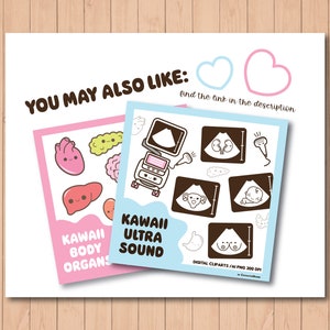 Puede incluir: Dos conjuntos de clipart digitales con ilustraciones kawaii. El primer conjunto es rosa y presenta &oacute;rganos del cuerpo, incluido un coraz&oacute;n, un h&iacute;gado y un cerebro. El segundo conjunto es azul y presenta im&aacute;genes de ultrasonido de un beb&eacute;, un &uacute;tero y un par de ovarios. El texto "Kawaii Body Organs" y "Kawaii Ultra Sound" est&aacute; incluido en la imagen.