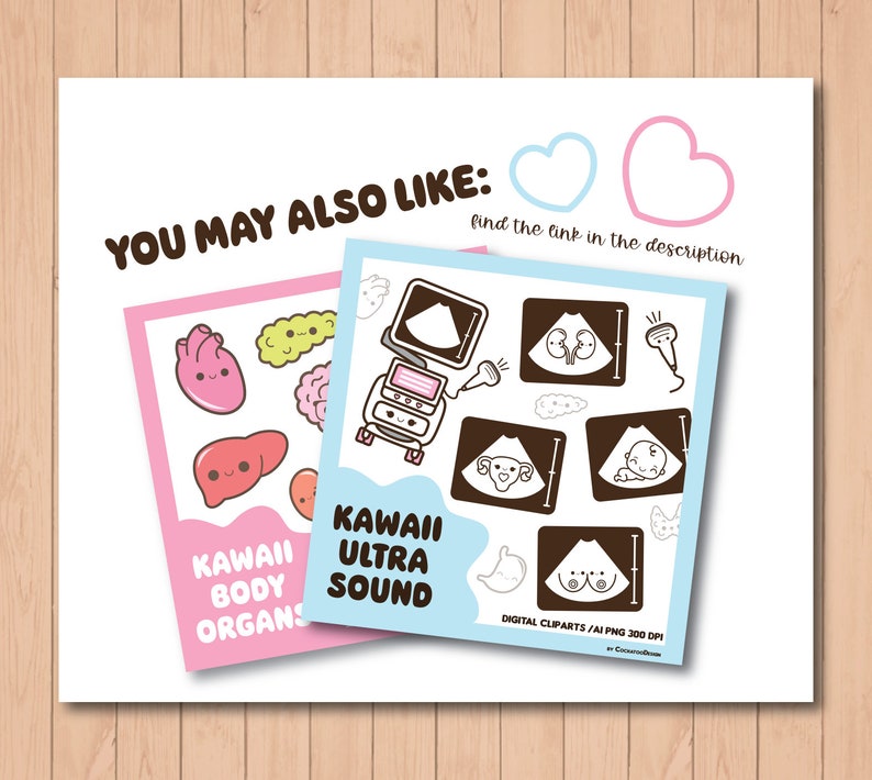 Puede incluir: Dos conjuntos de clipart digitales con ilustraciones kawaii. El primer conjunto es rosa y presenta &oacute;rganos del cuerpo, incluido un coraz&oacute;n, un h&iacute;gado y un cerebro. El segundo conjunto es azul y presenta im&aacute;genes de ultrasonido de un beb&eacute;, un &uacute;tero y un par de ovarios. El texto "Kawaii Body Organs" y "Kawaii Ultra Sound" est&aacute; incluido en la imagen.