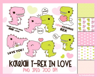 T-rex clipart, dinosaur clipart, Valentine clipart, kawaii dinosaur clipart, t-rex love clipart, Valentine digital papers, funny clipart