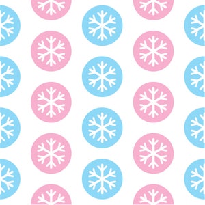 May include: A seamless pattern featuring alternating pink and blue circles with white snowflake designs. The background is white.