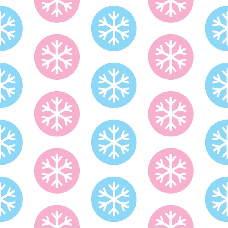 May include: A seamless pattern featuring alternating pink and blue circles with white snowflake designs. The background is white.