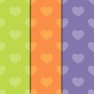 May include: Three vertical panels with a repeating heart pattern. The panels are in shades of green, orange, and purple. The hearts are a lighter shade of the background color.