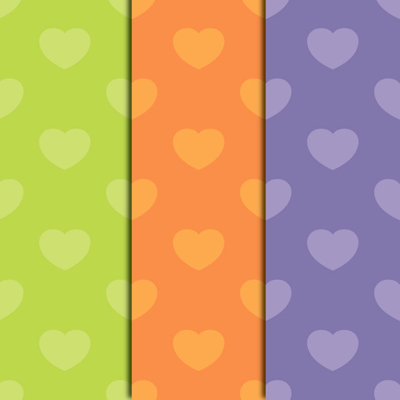 May include: Three vertical panels with a repeating heart pattern. The panels are in shades of green, orange, and purple. The hearts are a lighter shade of the background color.
