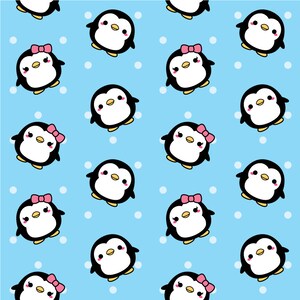 May include: A seamless pattern featuring cute cartoon penguins with pink bows on a light blue background with white polka dots.