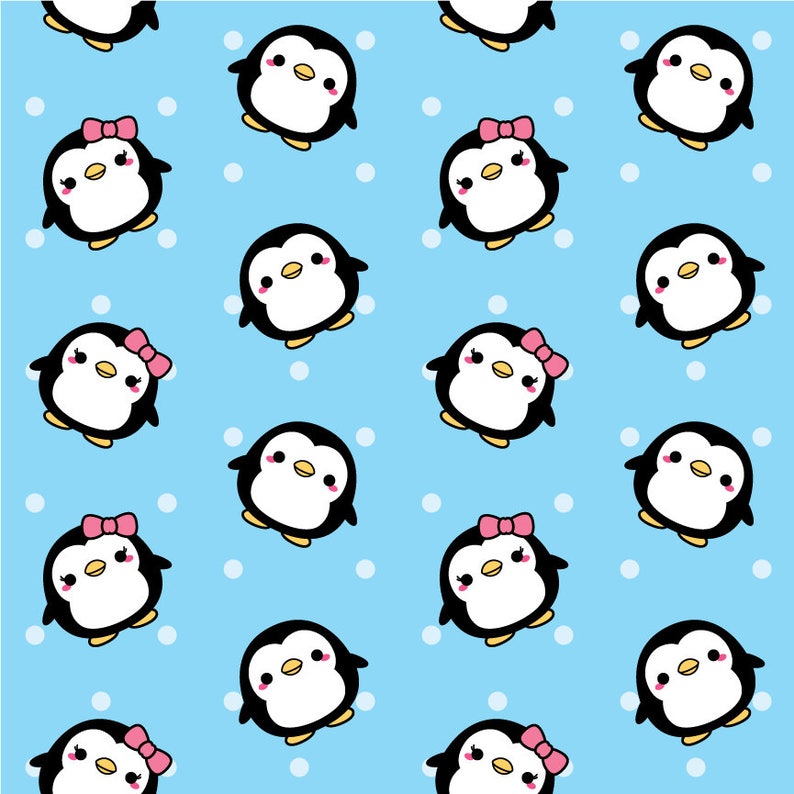May include: A seamless pattern featuring cute cartoon penguins with pink bows on a light blue background with white polka dots.