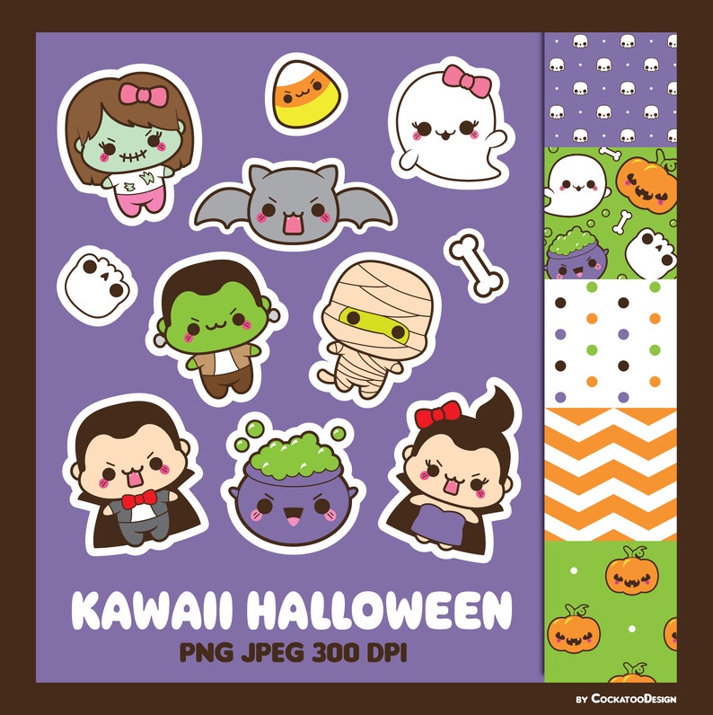 May include: A set of 10 kawaii Halloween digital clipart images featuring cute characters like a vampire, a mummy, a ghost, a witch, a zombie, a Frankenstein, a bat, a cauldron, a candy corn, and a bone. The images are on a purple background with a white border. The text "KAWAII HALLOWEEN PNG JPEG 300 DPI" is at the bottom of the image.