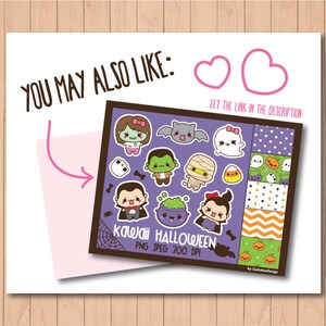 May include: A set of digital clipart featuring cute cartoon characters dressed as Halloween monsters. The characters include a vampire, a zombie, a mummy, a ghost, a Frankenstein, and a witch. The clipart is in PNG and JPEG format and is 300 DPI. The text "Kawaii Halloween" is written in a purple banner.