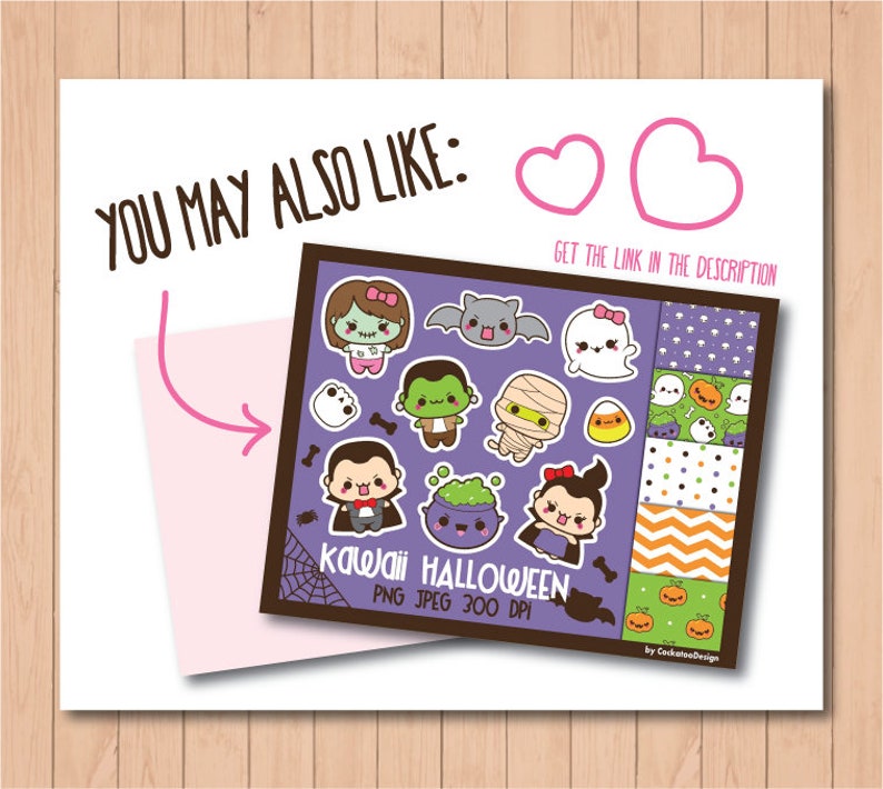 May include: A set of digital clipart featuring cute cartoon characters dressed as Halloween monsters. The characters include a vampire, a zombie, a mummy, a ghost, a Frankenstein, and a witch. The clipart is in PNG and JPEG format and is 300 DPI. The text "Kawaii Halloween" is written in a purple banner.