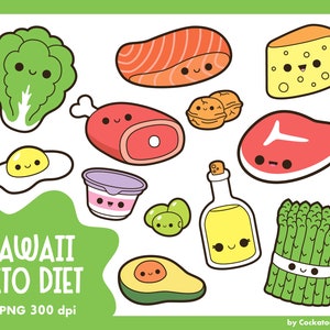 Kawaii Essen Clipart, Keto-Diät Clipart, Kawaii Clipart, Fleisch Clipart, gesundes Essen Clipart, Spargel Clipart, Kawaii Gemüse Clipart